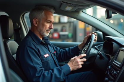 Mécanicien homme utilisant un diagnostic auto dans un atelier