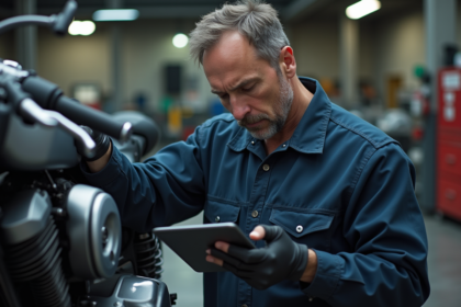 Mécanicien moto en atelier inspectant un moteur moderne
