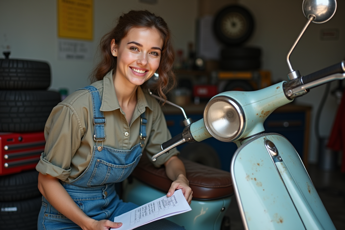 Femme mécanicienne vérifiant un scooter dans l