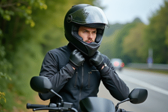 Jeune homme motard ajustant son casque en nature