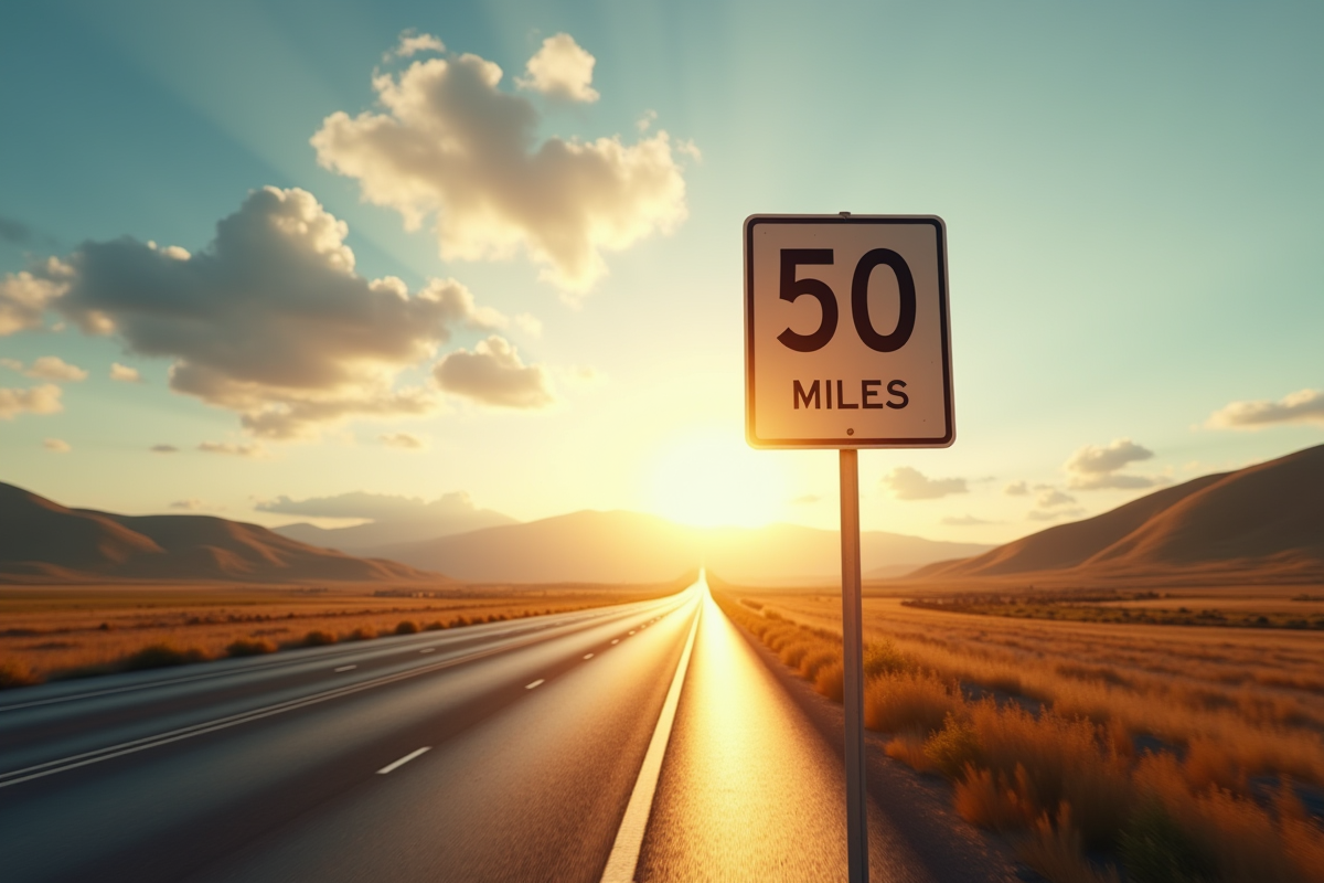 Panneau routier indiquant 50 miles sur une route ensoleillee