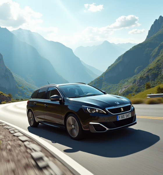 Peugeot 308 GT en virage sur route de montagne en plein jour