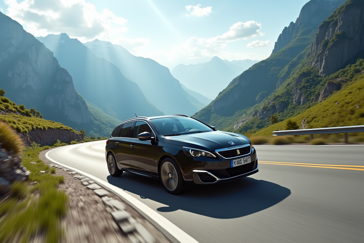 Peugeot 308 GT en virage sur route de montagne en plein jour