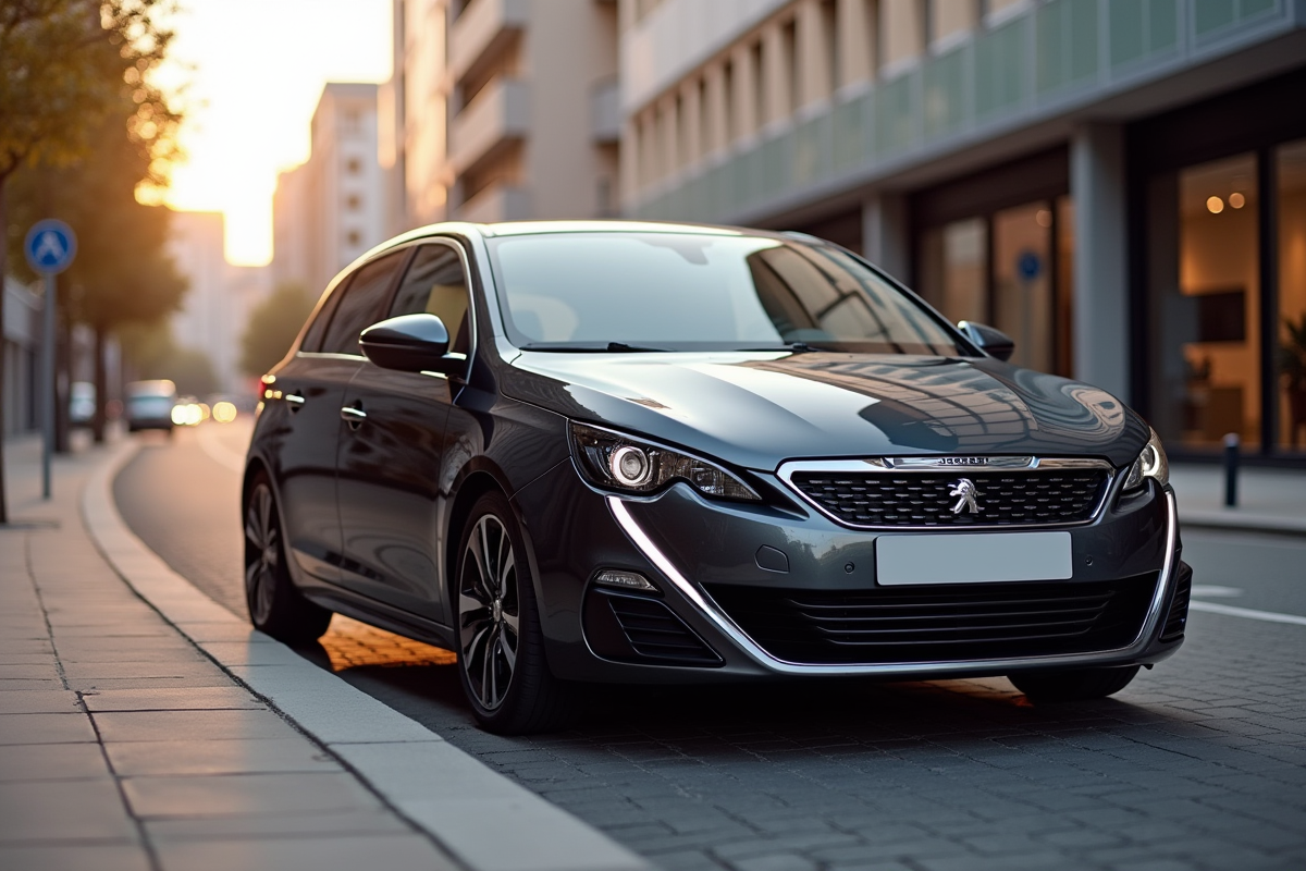 Peugeot 308 GT stationnée sur une rue urbaine au lever du soleil