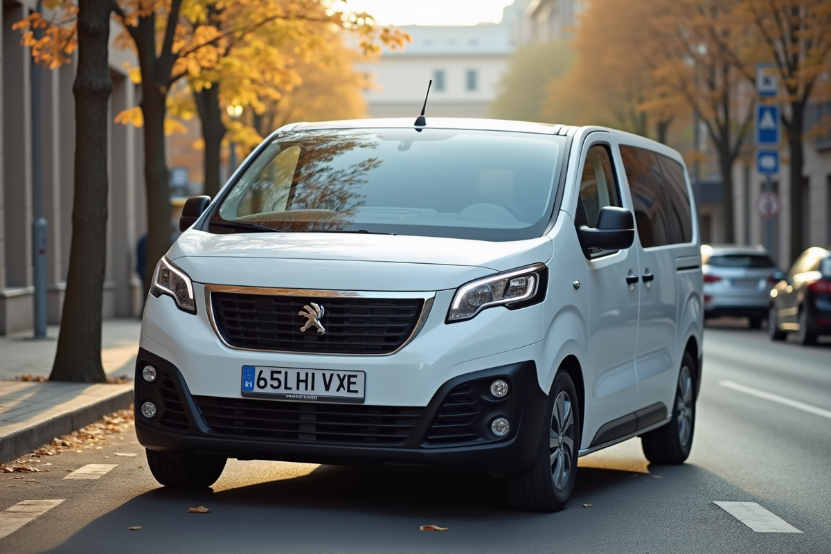 Voiture Peugeot Expert blanche en ville le matin