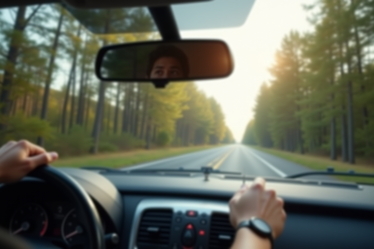 Main du conducteur ajustant le retroviseur en conduisant