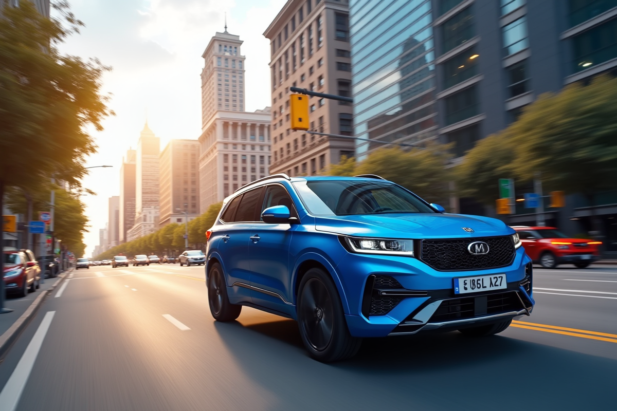 SUV bleu moderne en ville en plein jour avec gratte-ciel