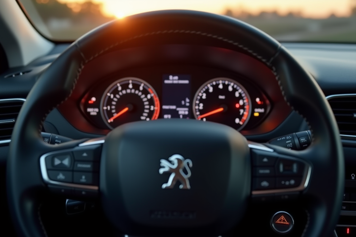Tableau de bord Peugeot avec voyant check engine allumé