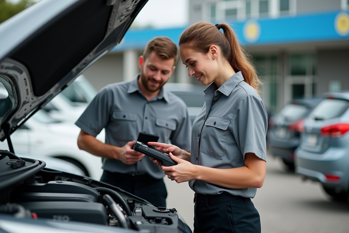 Jeune technicienne montrant un scanner auto à une collègue dehors