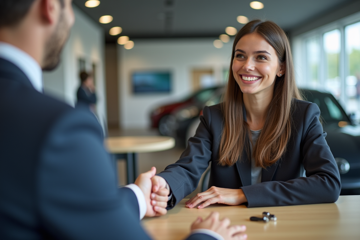 Jeune femme souriante serre la main d un vendeur avec clés de voiture