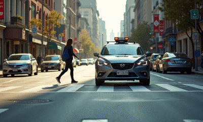 Voiture ralentissant au passage pieton en ville ensoleillee