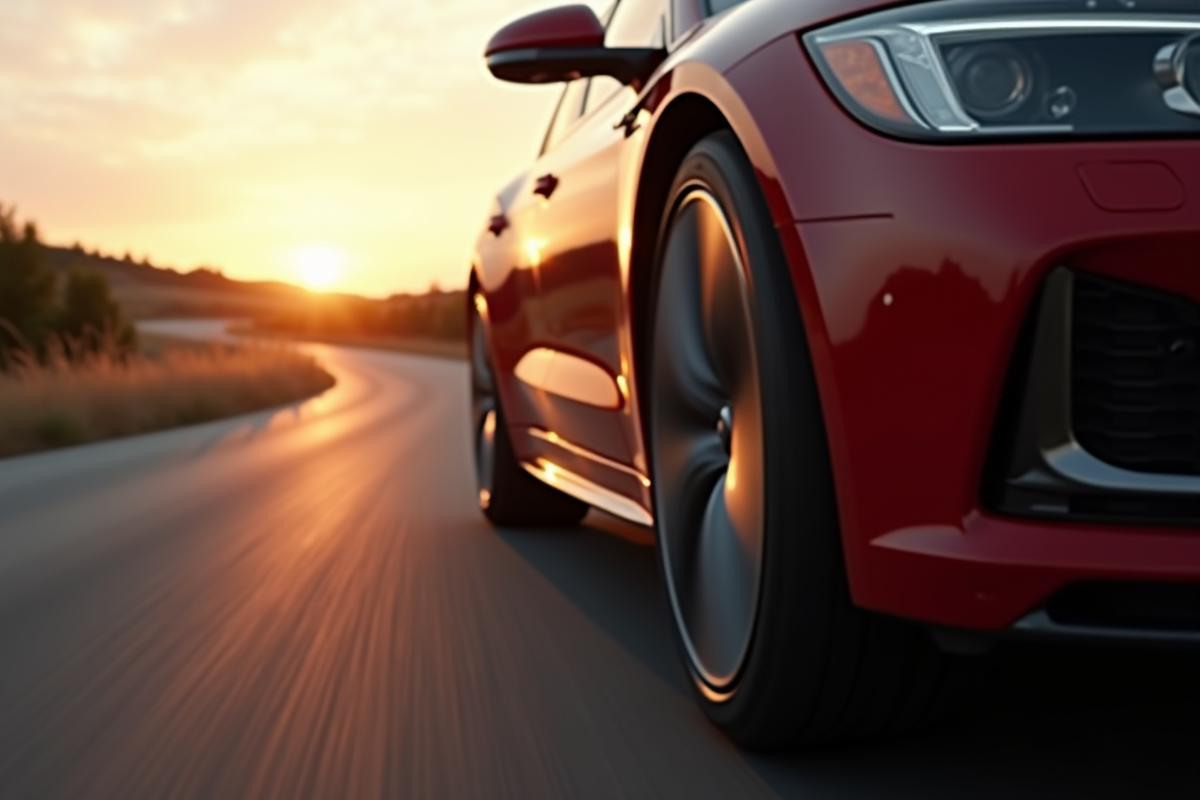 Voiture en mouvement sur une route au coucher du soleil avec roue en gros plan