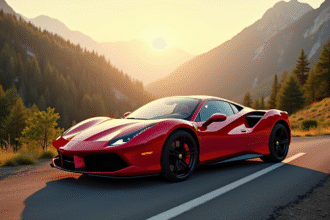 Voiture sportive rouge sur route de montagne au coucher du soleil